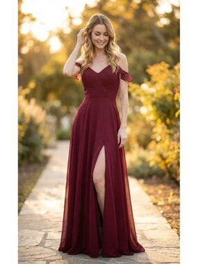 Clearance Burgundy S Off-Shoulder Chiffon Long Formal Bridesmaids Dress By 3447